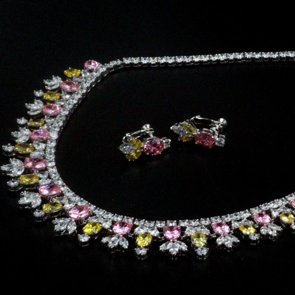 NOS Rucinni Rhinestones Jeweled Crystals Yellow Pink Pastel Necklace Set - Picture 1 of 13